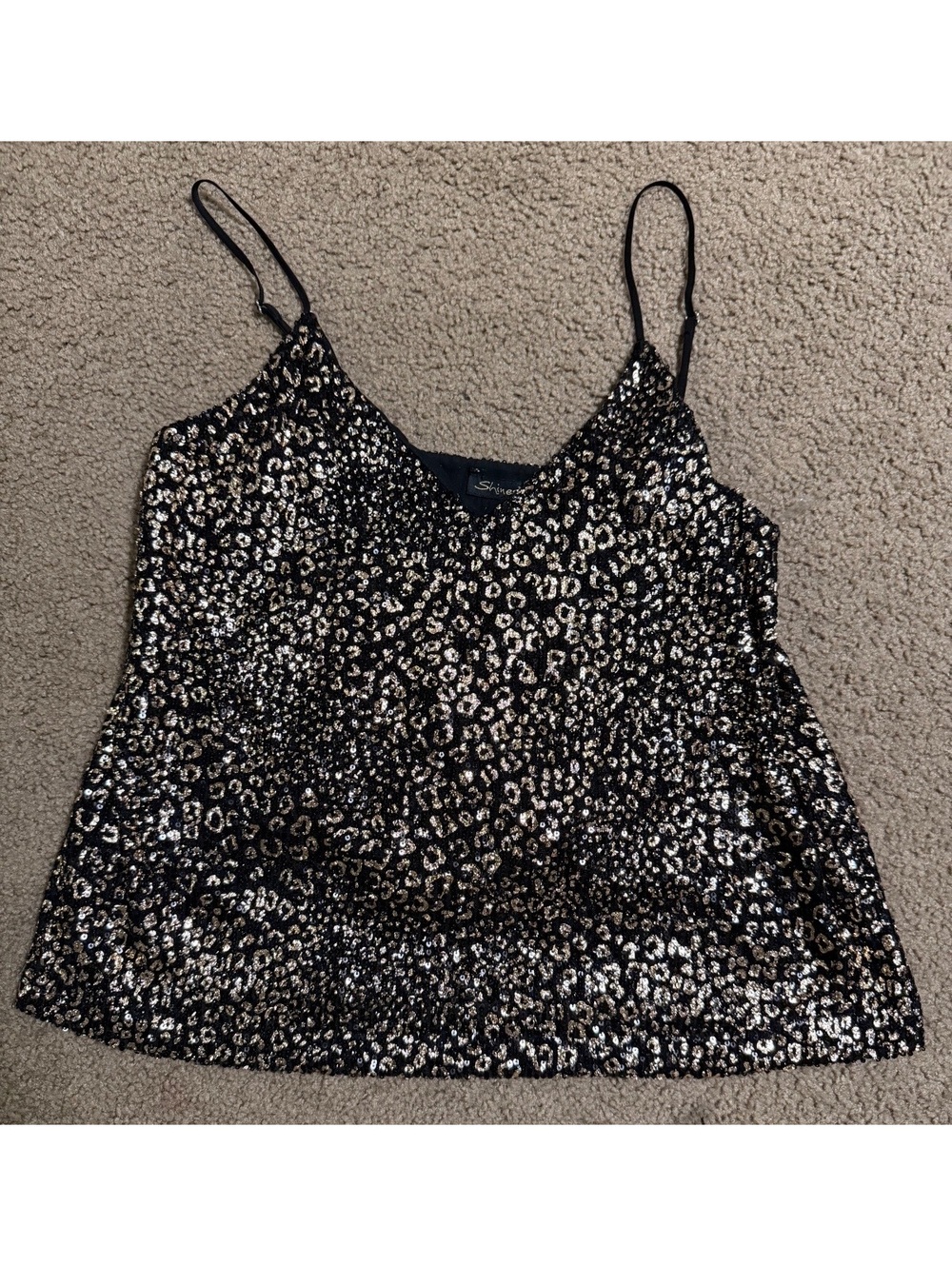 Shinestar Women's Medium Black and Gold Sequin Leopard Print Camisole Top